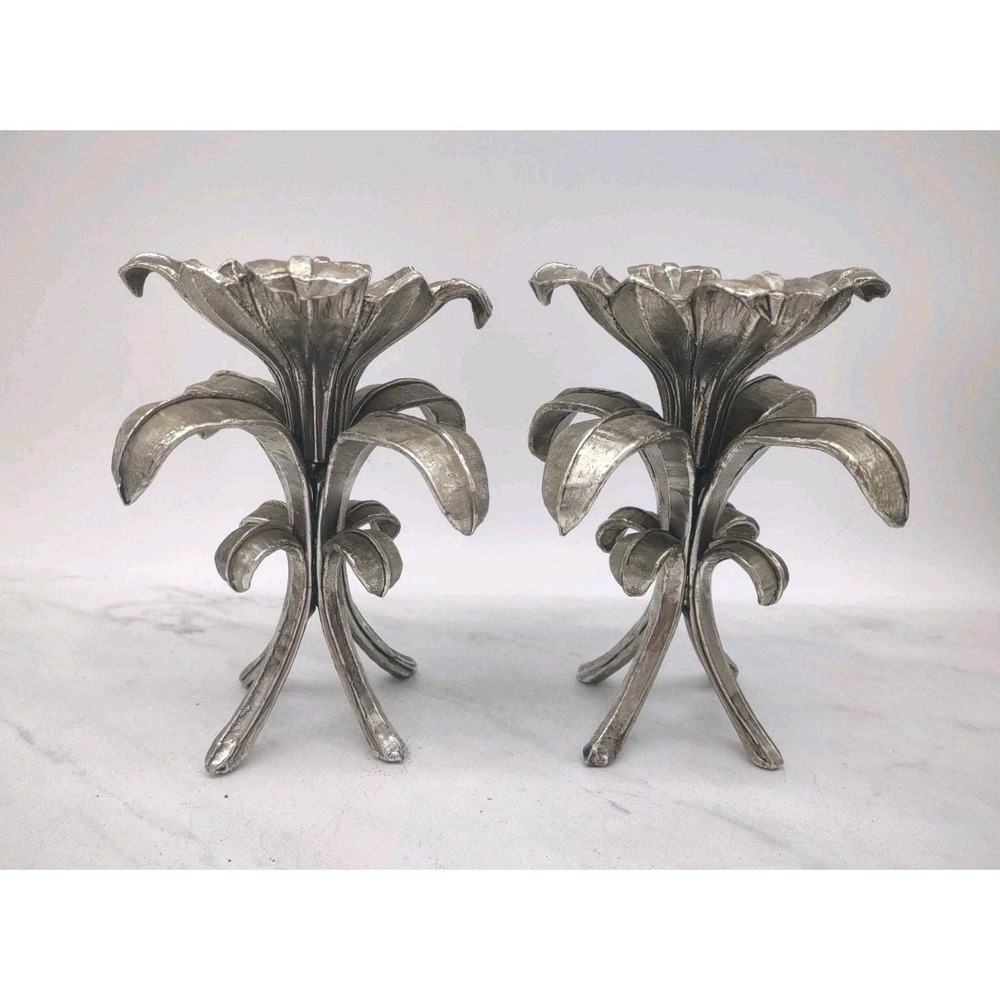 Pair of Vintage Silver Metallic Floral Candle Holders Candlestick Flower Petals